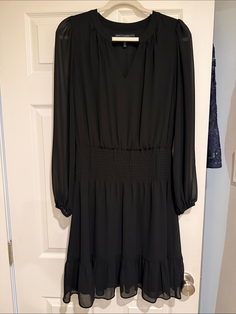 White House Black Market Black Long Sleeve Smocked Waist Dress with V-Neck